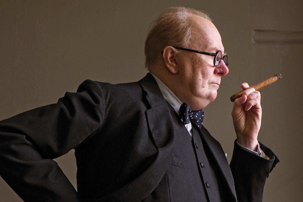 Gary Oldman as Winston Churchill, featuring makeup by sculptor Kazuhiro Tsuji. Photo courtesy of Jack English/Courtesy of Focus Features