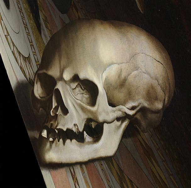 Hans Holbein the Younger, <em>The Ambassadors</em> (1533), detail with  Holbein's anamorphotic object seen at an angle. Collection of the National Gallery, London.