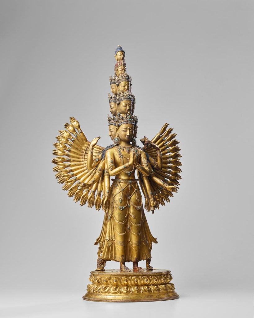 Sonam Gyaltsen, A gilt copper alloy figure of Avalokiteshvara Sahasrabhuja Ekadasamukha, central Tibet (circa 1430). Estimate $1 million–1.5 million. Photo courtesy of Bonhams.