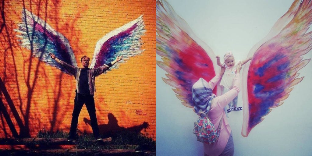 Left, Colette Miller, <em>Richmond Virginia Wings (mamma zus)</em> 2014. Right, Rabbit Town's copy of one of Miller's "Angel Wings" paintings. Photo courtesy of Colette Miller/via Instagram, @giaregia.