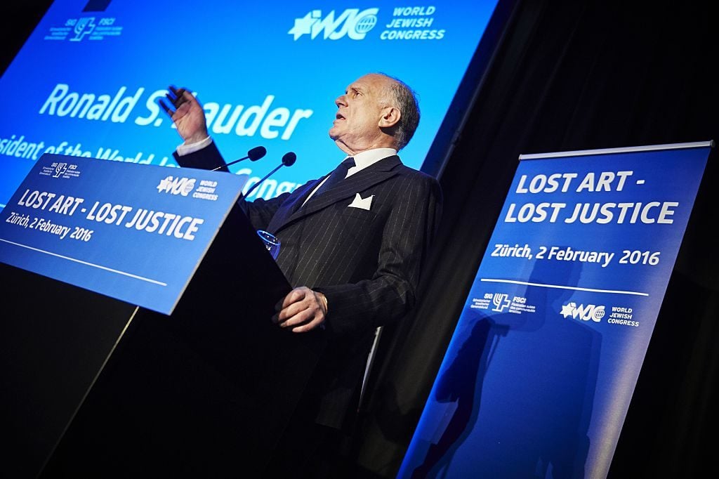 Tracing the provenance of artworks looted during the Nazi era has been a major topic of public discussion: World Jewish Congress president Ronald S. Lauder delivering a speech on the issue of Nazi-era looted art, at the Kunsthaus in Zurich, February 2, 2016. Photo courtesy Michael Buholzer /AFP/Getty Images.
