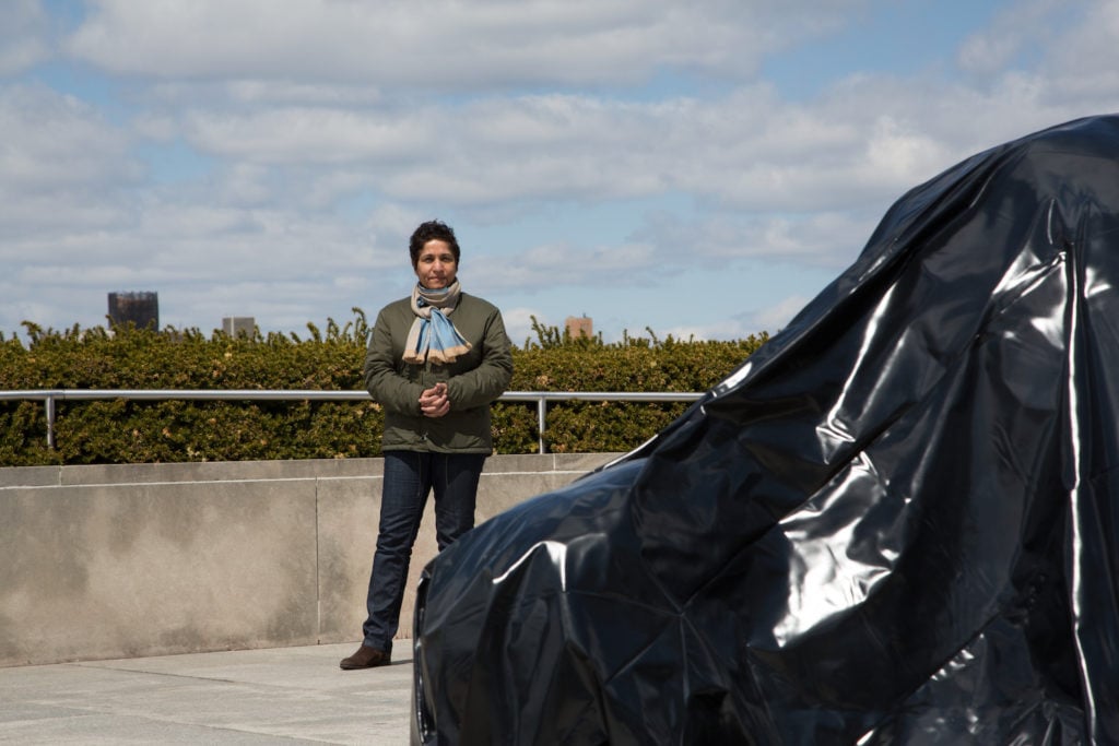 Huma Bhabha at the Roof Garden Commission "Huma Bhabha: We Come in Peace." Photo by Eileen Travell.