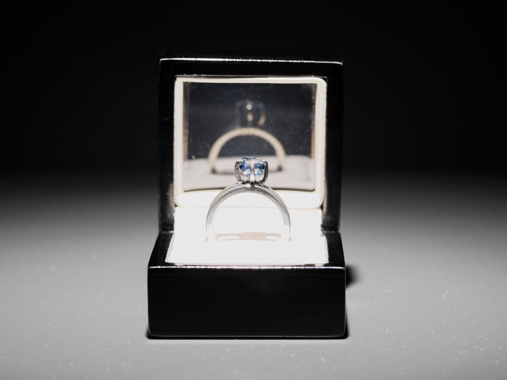 Image from Jill Magid: The Proposal, bluae diamond ring with inscription, “I am wholeheartedly yours.”Courtesy of the artist; LABOR, Mexico City; RaebervonStenglin, Zurich and Galerie Untilthen, Paris.