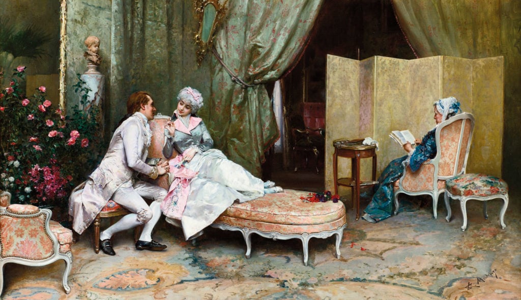 Raimundo de Madrazo y Garreta, <em>Flirtation</em>. Courtesy of the Lucas Museum of Narrative Art.