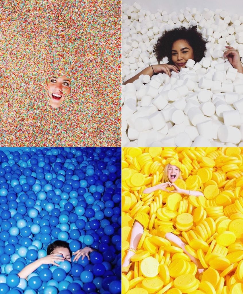 From left, images courtesy of The Museum of Ice Cream; Candytopia; the Dream Machine; and Happy Place.