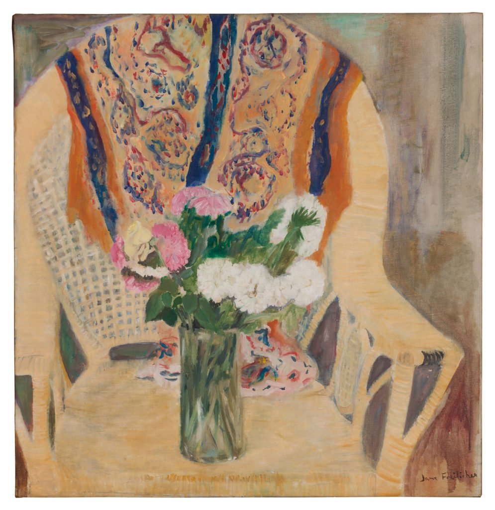 Jane Freilicher, <em>Flowers in Armchair</em> (1956). Courtesy of Paul Kasmin Gallery.