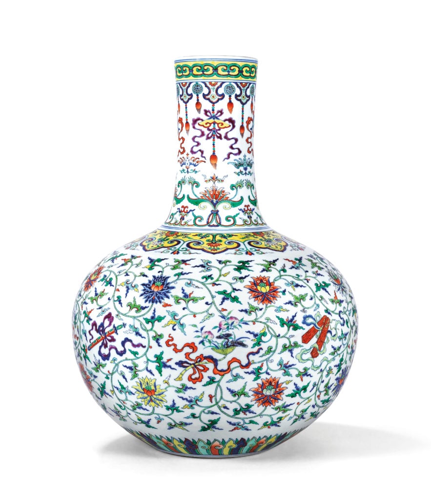 A fine magnificent and extremely rare doucai and famille rose 'anbaxian' vase Tianqiuping (Qianlong period 1736–1795). Photo courtesy of Christie's Hong Kong.