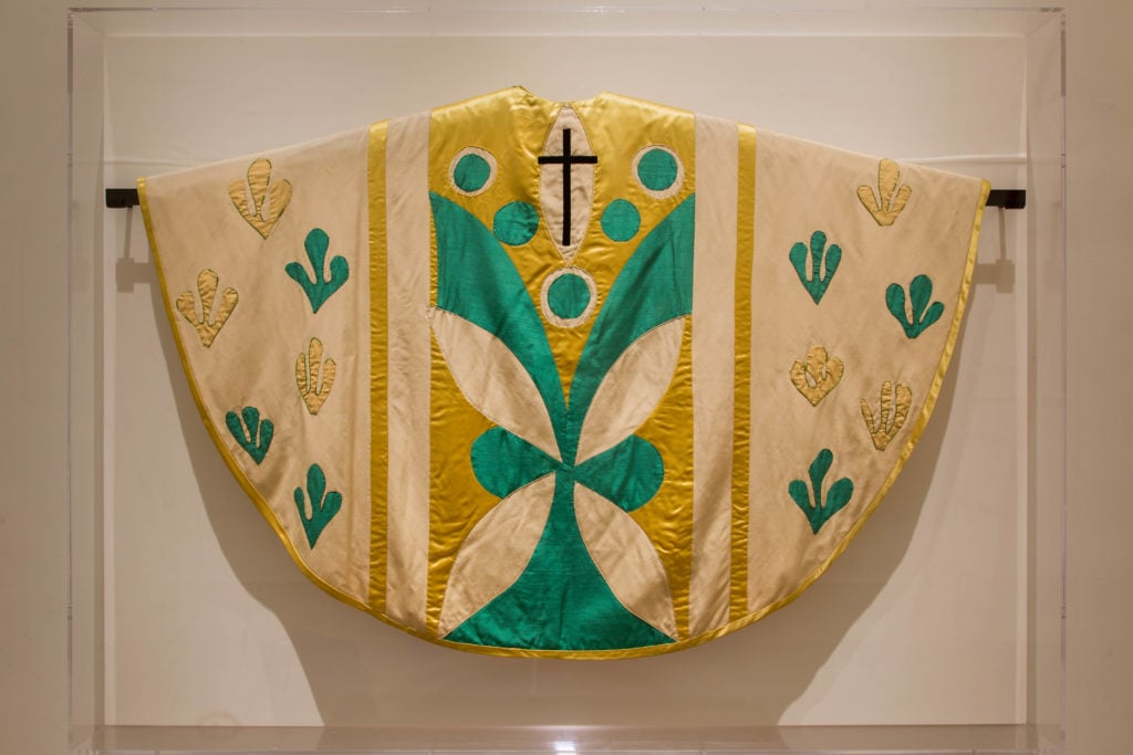 Henri Matisse, Chasuble (circa 1950), on view in "Heavenly Bodies" at the Met Fifth Avenue, Anna Wintour Costume Center. On loan from the collection of the Liturgical Celebrations of the Supreme Pontiff, Papal Sacristy, Vatican City. Photo courtesy of the Metropolitan Museum of Art.