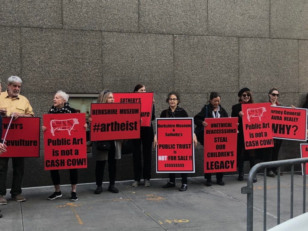 Protestors from the Berkshires gathered outside of Sotheby's auction house. Photo: Caroline Goldstein.