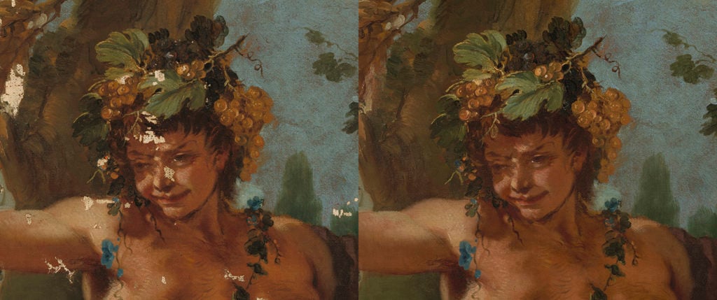 Giovanni Battista Tiepolo, <em>Bacchus and Ariadne</em> (circa 1743–45), detail, before and after restoration work by Sarah Gowen Murray repairing losses. Courtesy of the National Gallery of Art.
