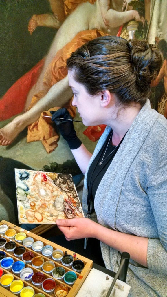 Sarah Gowen Murray does restoration work on Giovanni Battista Tiepolo's Bacchus and Ariadne (circa 1743–45). Photo courtesy of the National Gallery of Art.