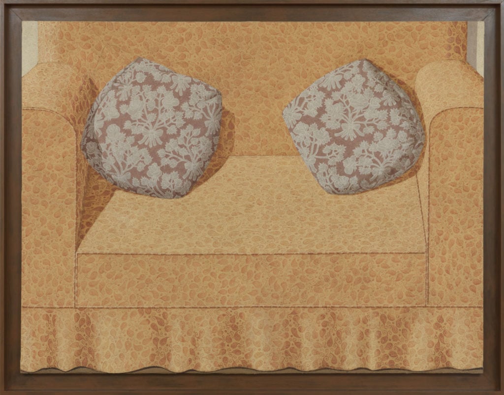 Domenico Gnoli, <em>Sofa</em> (1968). © Artists Rights Society (ARS), New York/SIAE Rome. Private Collection Courtesy Luxembourg & Dayan.