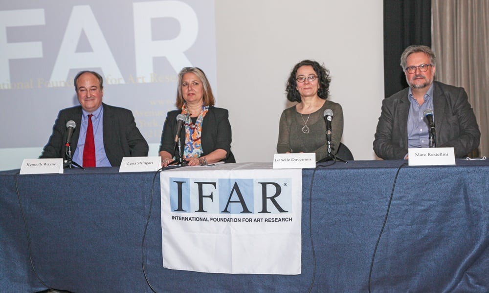 IFAR's recent Modigliani panel. L to R: Dr. Kenneth Wayne; Isabelle Duvernois; Lena Stringari; and Marc Restellini.<br> Photo by Steven Tucker. Courtesy IFAR