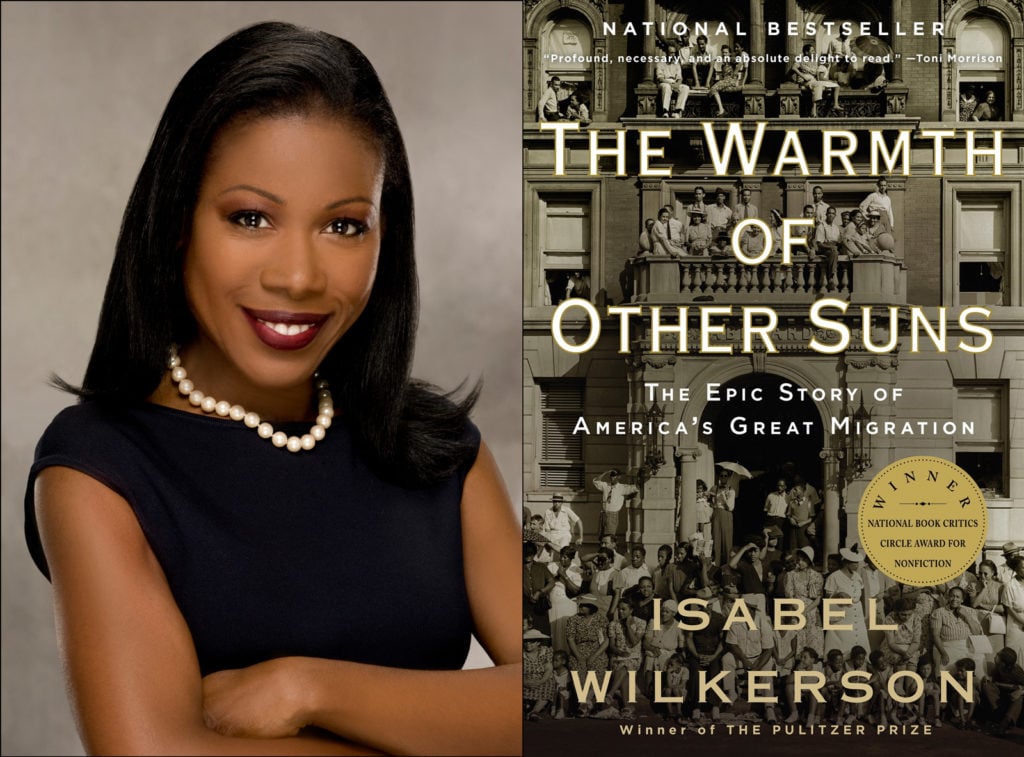 Isabel Wilkerson and her book <em>The Warmth of Other Suns: The Epic Story of America's Great Migration</em>. Photo by Joe Henson, book cover courtesy of Penguin Random House.