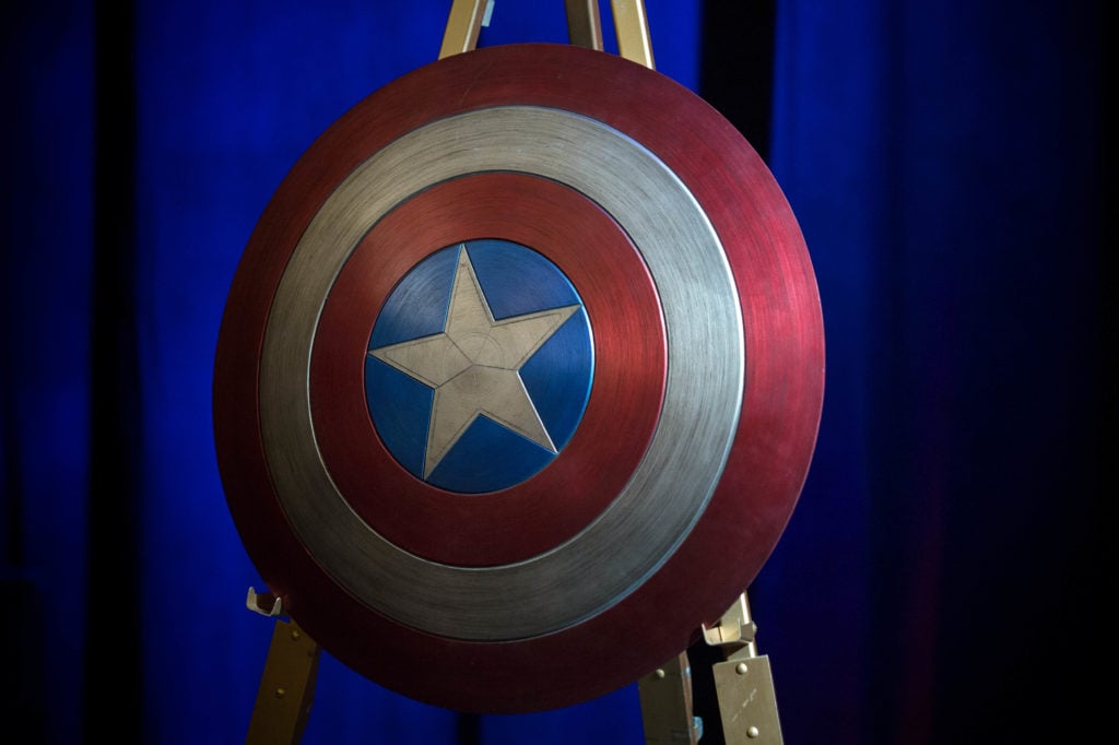 The shield used by Chris Evans in the 2016 film, Captain America: Civil War. Courtesy of the Smithsonian Institution.