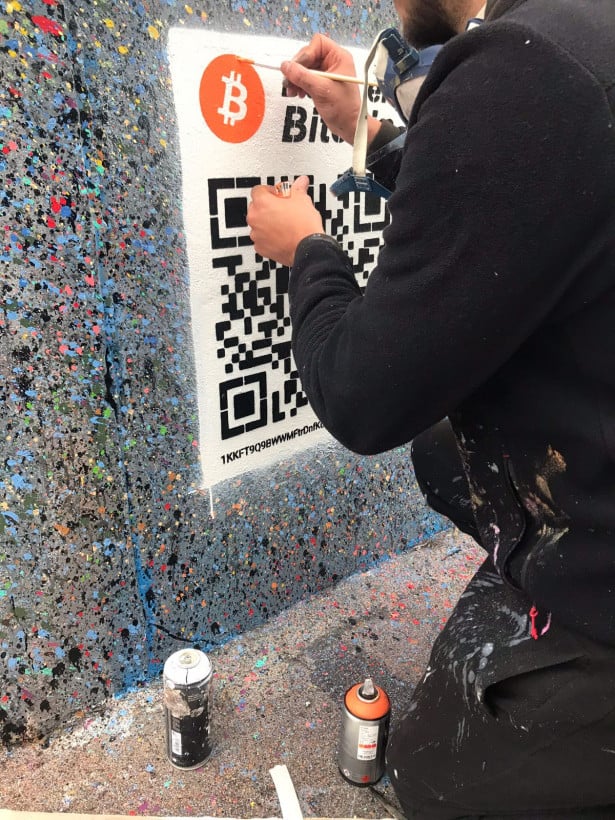Pascal "PBOY" Boyart, Rembrandt dos au mur (detail), a mural in Paris featuring a QR code that allows the public to donate to the artist using Bitcoin. Photo courtesy of the artist.