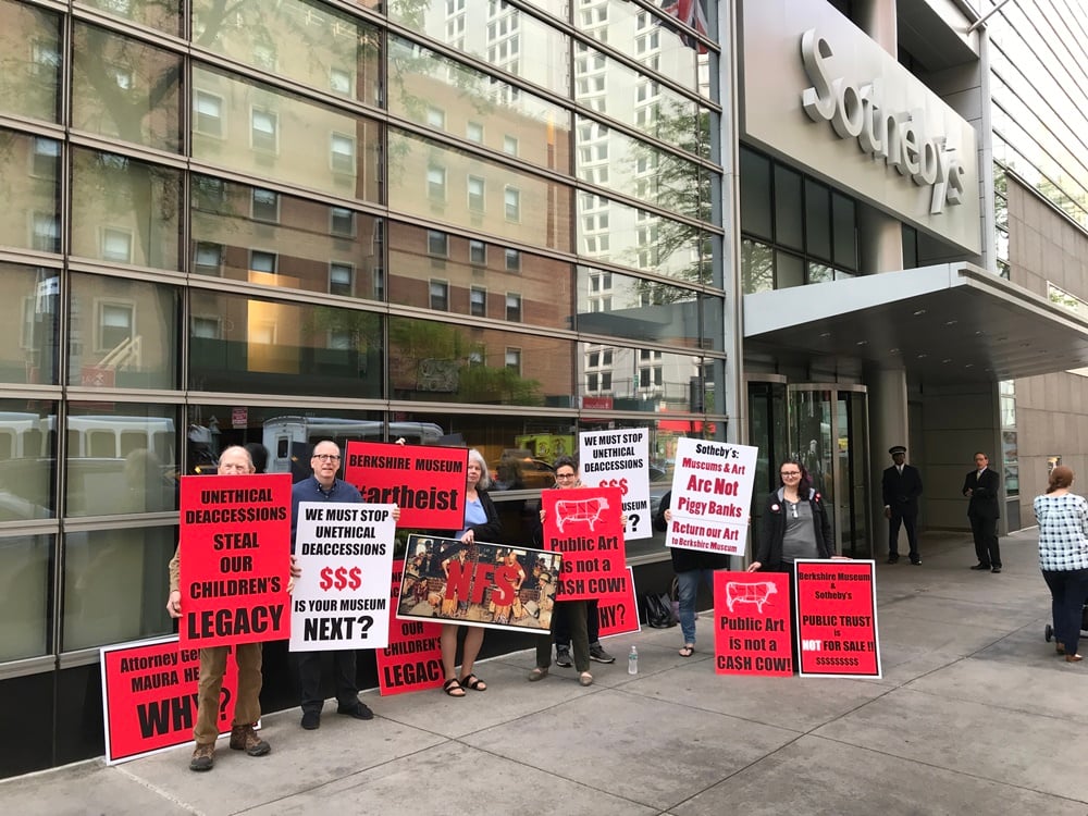 Protesters outside Sotheby's ahead of this morning's American Art sale, which included works being deaccessioned from the Berkshire Museum. Image courtesy of Save the Art—Save the Museum