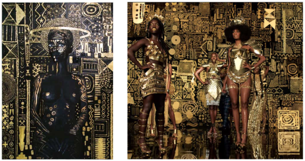 Side-by-side comparisons of Lina Iris Viktor's "Constallations" paintings and Kendrick Lamar and SZA's "All the Stars" music video for Black Panther. Images courtesy of Viktor's legal complaint.