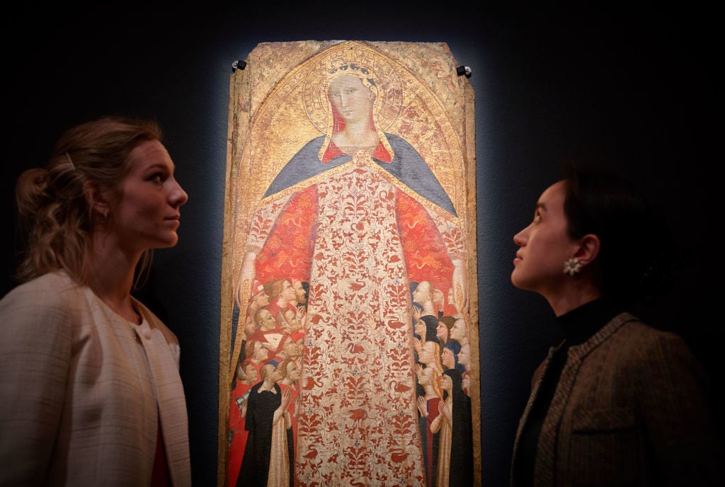 <em>The Madonna of Mercy</em> by The Master of 1336, est. £400,000-600,000, goes on view as part of Sotheby's London Old Masters Evening Sale, on December 1, 2017 in London, England. Photo by Michael Bowles/Getty Images for Sotheby's.