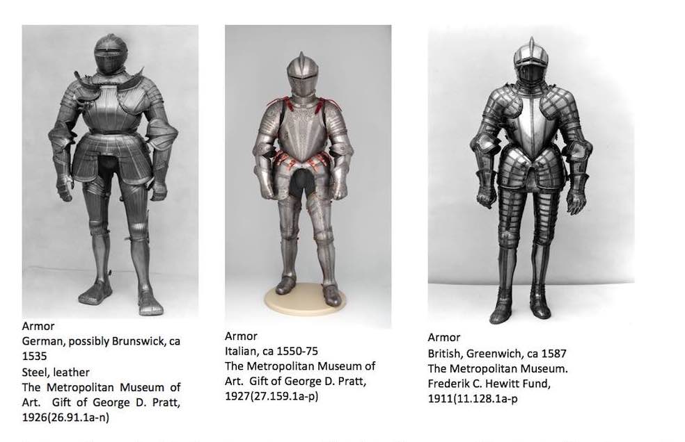 Steinunn Thorarinsdottir used these three suits of armor from the Metropolitan Museum of Art's Arms and Armor collection as the basis for her exhibition "ARMORS" at Fort Tryon Park. Photo courtesy of the Metropolitan Museum of Art. 