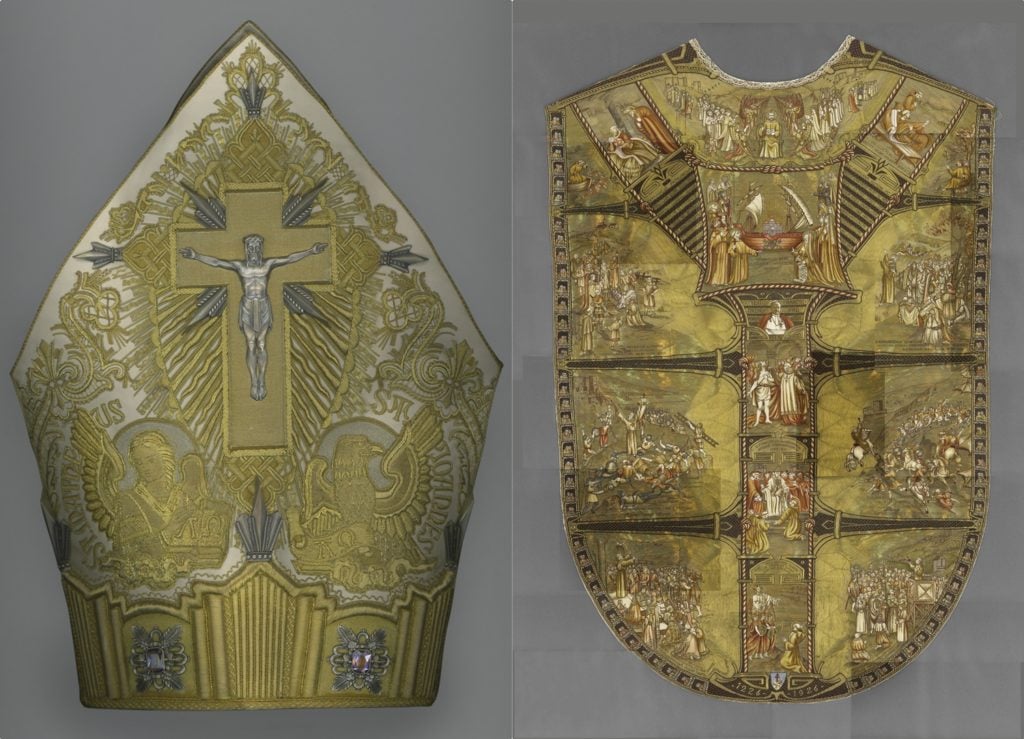 Left, the Mitre of Pius XI, (1926). Right, Chasuble of Pius XI, (1926). On loan from the collection of the Liturgical Celebrations of the Supreme Pontiff, Papal Sacristy, Vatican City. Digital composite by Katerina Jebb, courtesy of the Metropolitan Museum of Art.