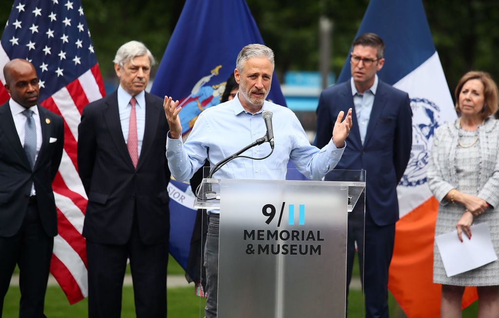 Actor/comedian Jon Stewart attends the design unveiling of 9/11 memorial to honor 9/11 rescue workers on May 30, 2018 in New York City. Photo by Astrid Stawiarz/Getty Images.