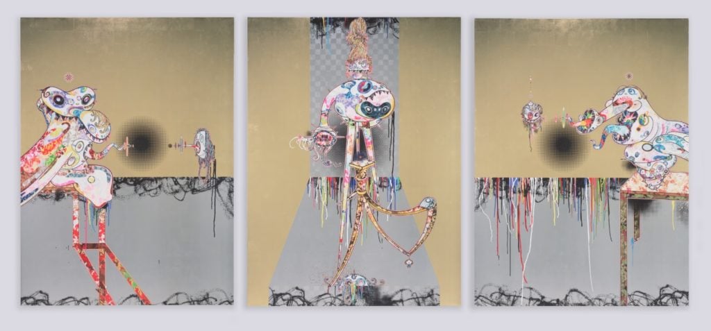 Takashi Murakami's <i>Homage to Francis Bacon (Second Version of Triptych (on light ground))</i> (2016). ©2016 Takashi Murakami/Kaikai Kiki Co., Ltd. All Rights Reserved. Courtesy Perrotin.
