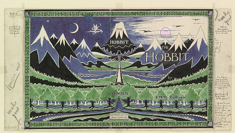 J.R.R. Tolkien, dust jacket for The Hobbit with the author’s notes.