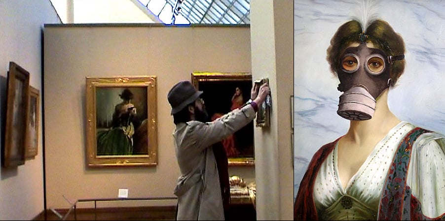 Banksy hanging a painting of a woman in a gas mask at the Met in 2005. Photo courtesy of Banksy.