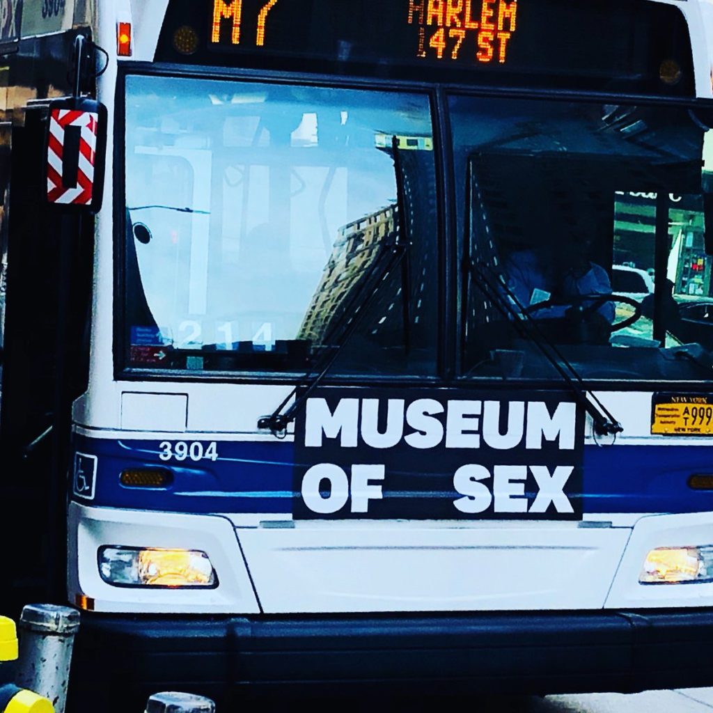 The MTA has begun moving these prominent Museum of Sex Bus ads. Photo by Shahar Azani via Twitter.
