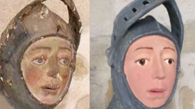 Before and after a misguided restoration on the statue of St. George at Navarre, Spain's Church of San Miguel de Estella. Photo via Twitter.