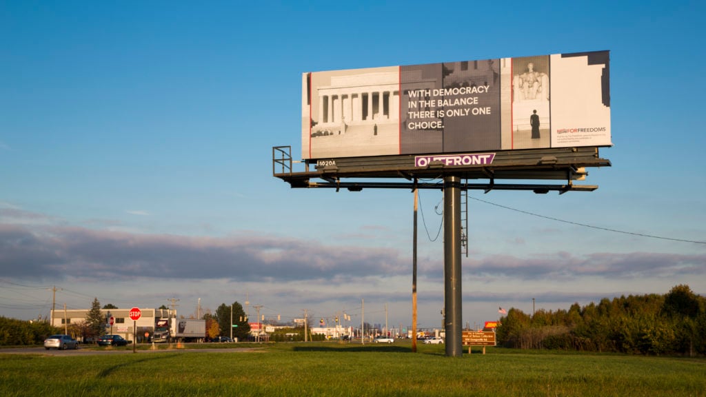 A For Freedoms billboard created by Carrie Mae Weems and installed in Cleveland, Ohio in 2016. Courtesy Wyatt Gallery.