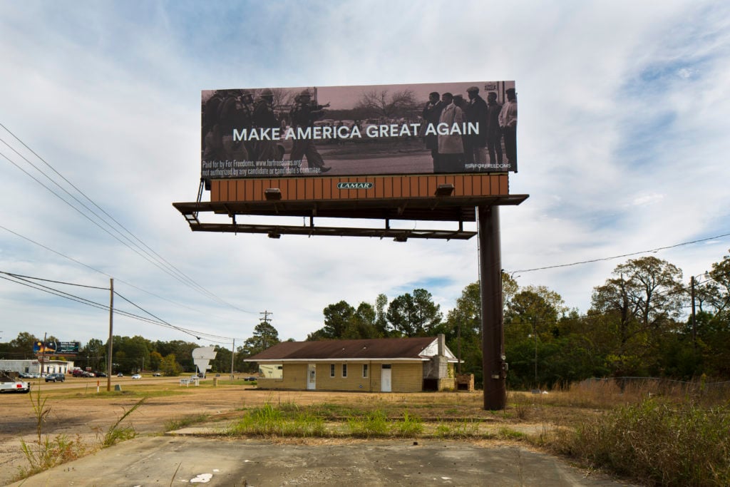 A For Freedoms billboard created by Spider Martin, installed in Pearl, Mississippi in 2016. Courtesy Wyatt Gallery.