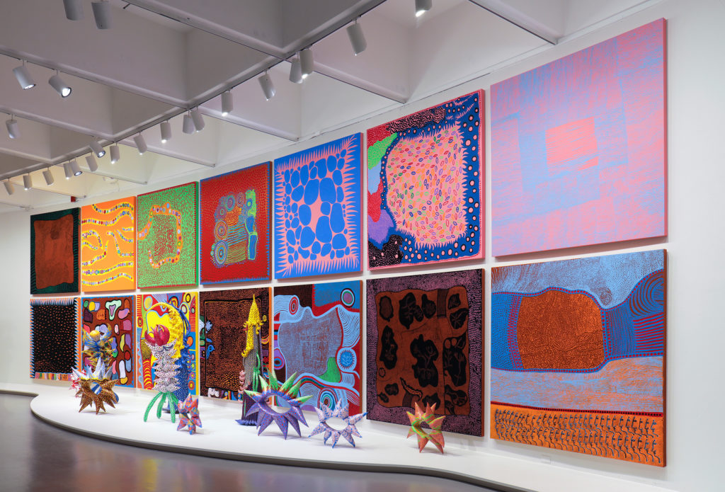 Installation view of "Yayoi Kusama: Infinity Mirrors" with selected works from the series "My Eternal Soul" at the Smithsonian's Hirshhorn Museum and Sculpture Garden, Washington, DC (2017). Photo by Cathy Carver, ©Yayoi Kusama. 
