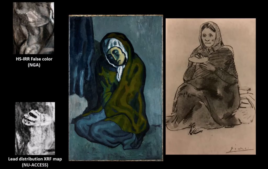 Pablo Picasso's <em>La Miséreuse accroupie (The Crouching Woman)</em>, 1902, infrared imaging of an earlier, now covered draft with an outstretched hand, and another work by the artist featuring the abandoned composition. Image courtesy of the Art Gallery of Ontario. 