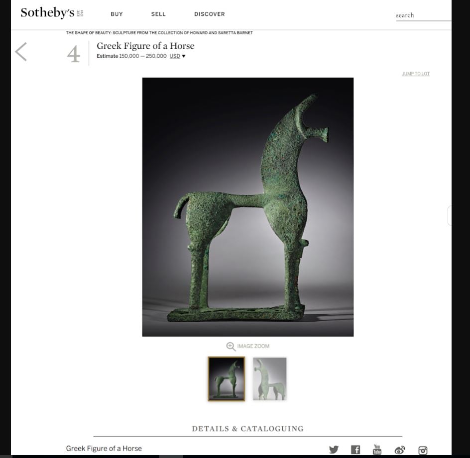 The Sotheby's catalogue page for the horse, since removed.
