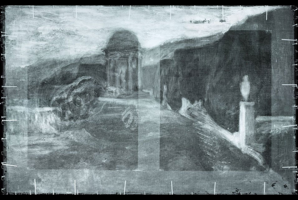 X-ray radiography of Pablo Picasso's <em>La Miséreuse accroupie (The Crouching Woman)</em>, 1902, reveals a landscape hidden beneath the visible surface. Photo courtesy of the Art Gallery of Ontario.
