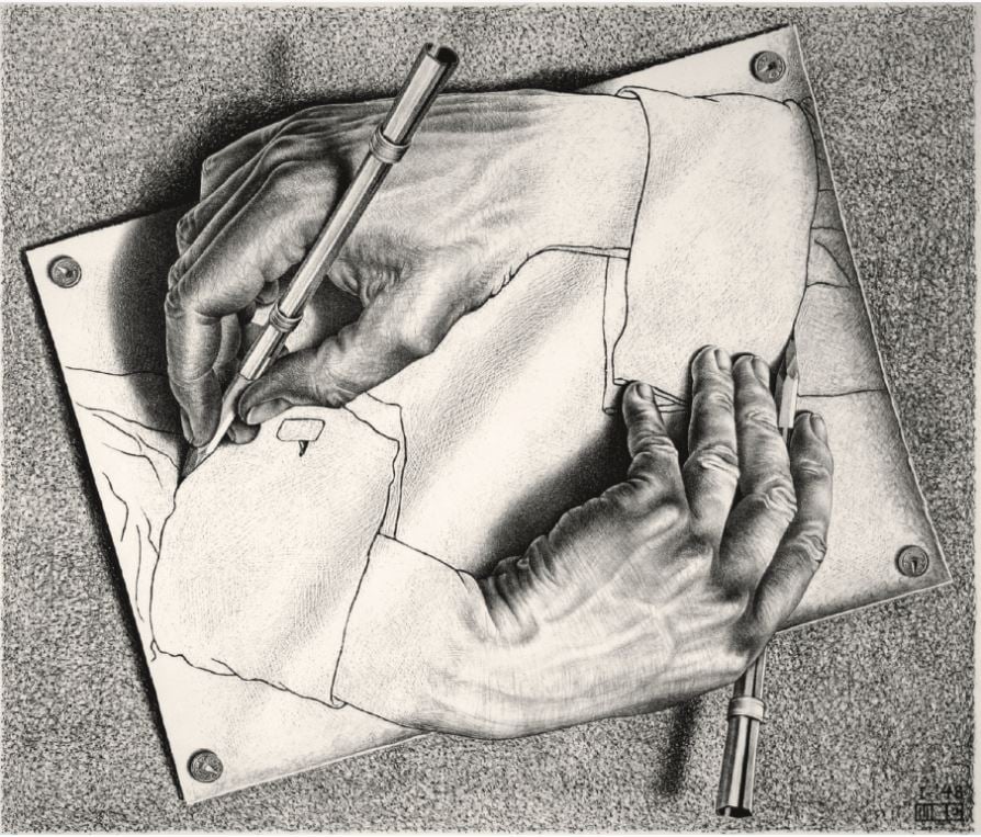 M. C. Escher, <em>Drawing Hands</em>. Lithograph. Private Collection, USA. All M.C. Escher Works @ 2018 The M.C. Escher Company.