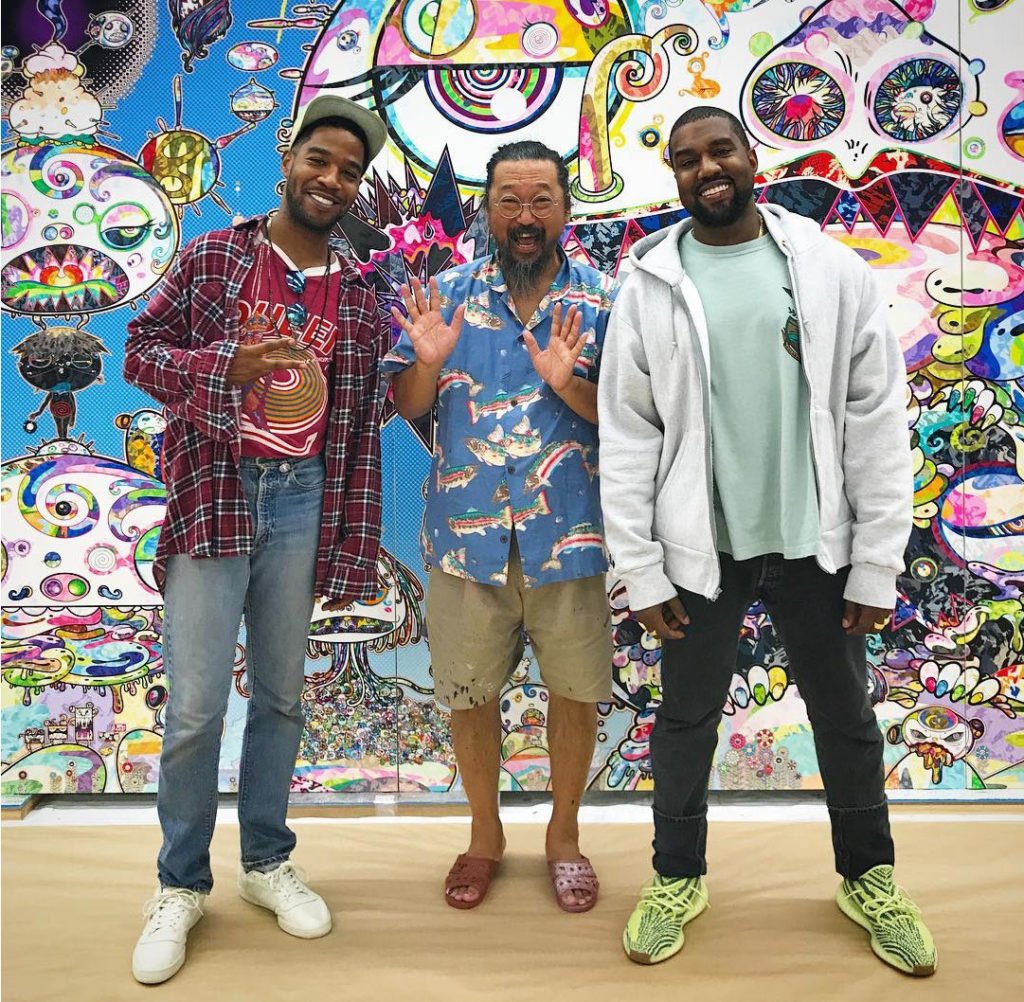 Kid Cudi, Takashi Murakami, and Kanye West at the artist's studio. Photo courtesy of Takashi Murakami via Instagram.