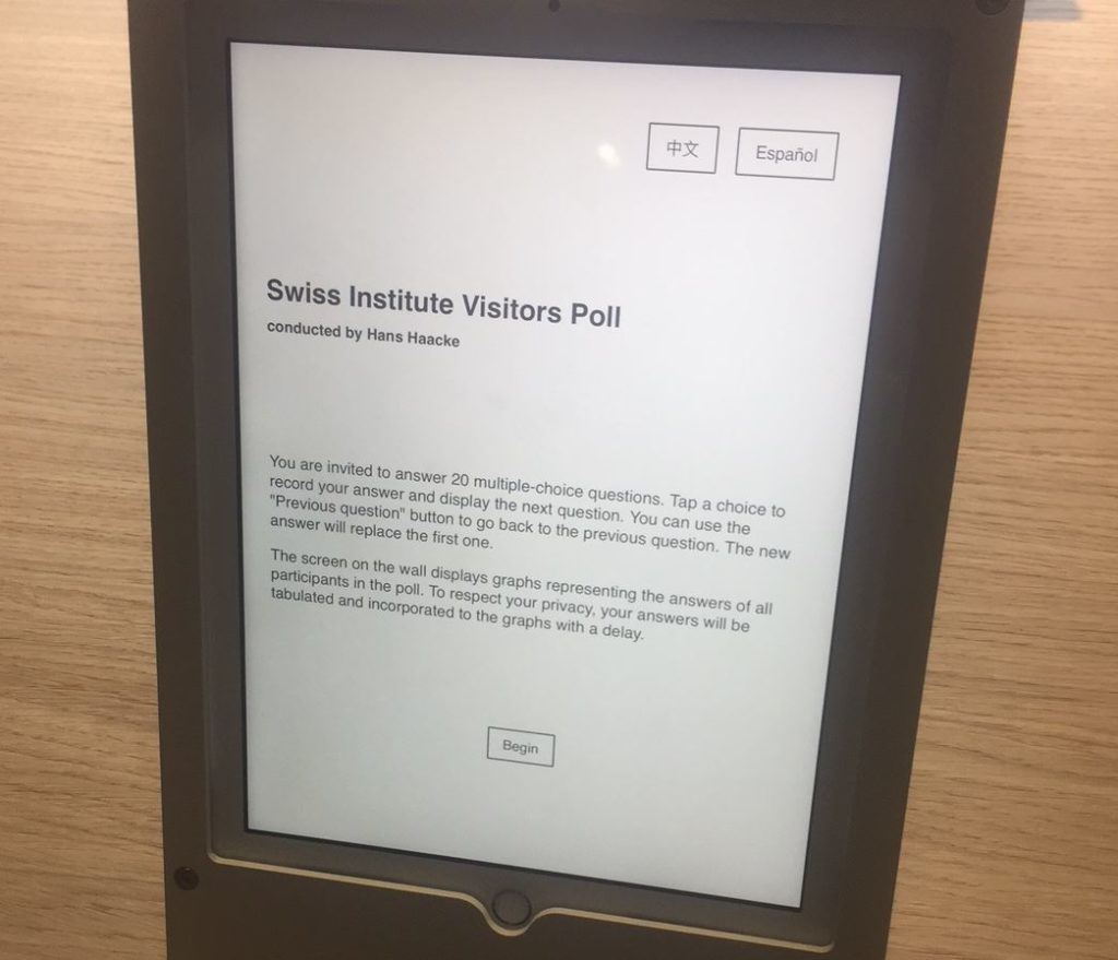 Hans Haacke's new visitor poll on iPads created for the Swiss Institute. Photo by Eileen Kinsella