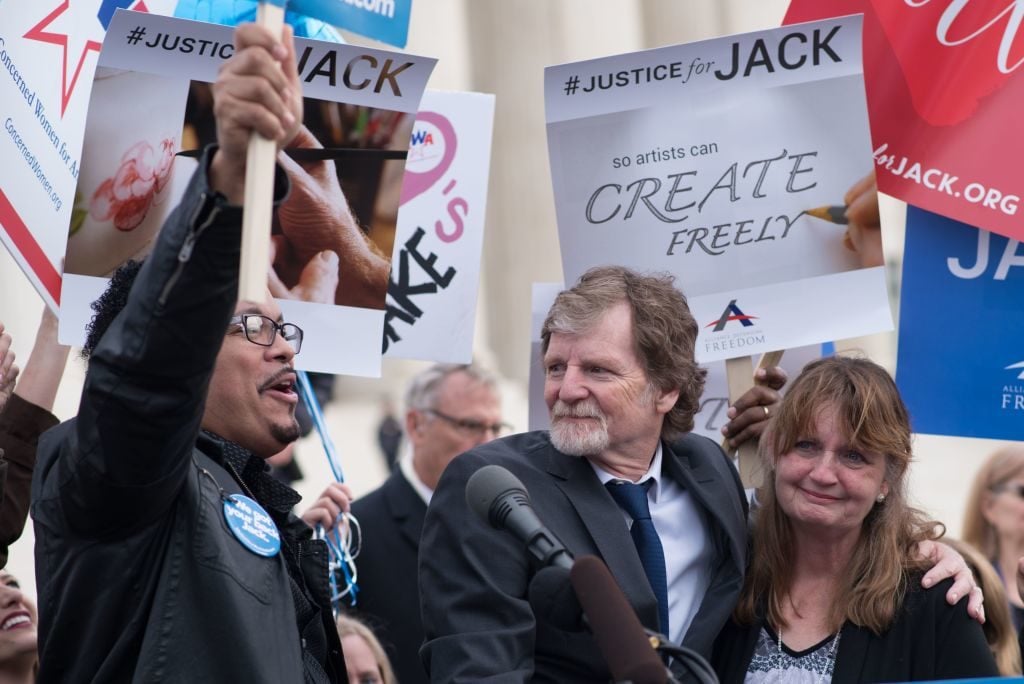 Jack Phillips, owner of Masterpiece Cake in Colorado, stands with supporters outside the US Supreme Court after Masterpiece Cakeshop vs. Colorado Civil Rights Commission were heard on December 5, 2017 in Washington, DC. Photo courtesy Mari Matsuri/AFP/Getty Images.