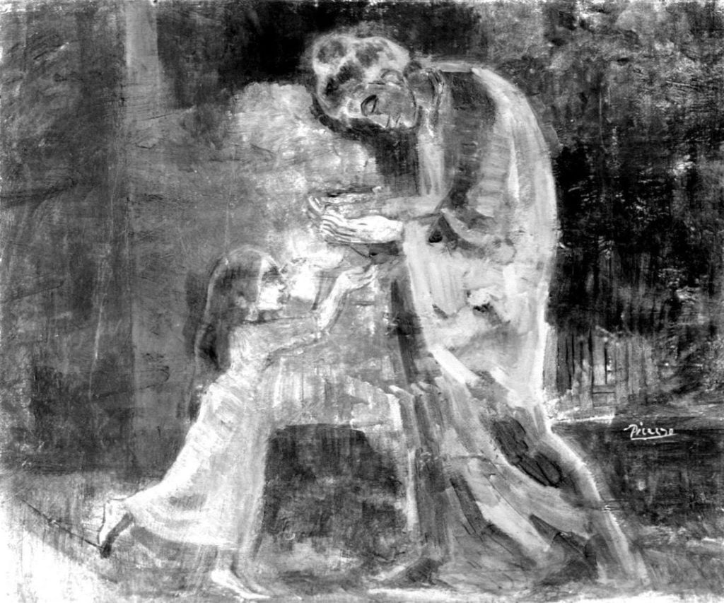 Pablo Picasso, <em>La Soupe</em> (1902–03), infrared hyperspectral image showing covered up detail such as a woman in between the two figures, eventually replaced by steam rising over the bowl of soup. Courtesy of the Art Gallery of Ontario. 
