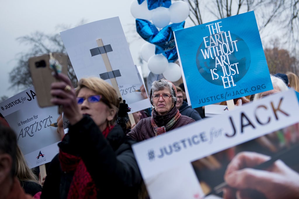 People rally for Jack Phillips, owner of Masterpiece Cake in Colorado, outside the US Supreme Court before Masterpiece Cakeshop vs. Colorado Civil Rights Commission is heard on December 5, 2017 in Washington, DC. Photo courtesy Brendan Smialowski/AFP/Getty Images.