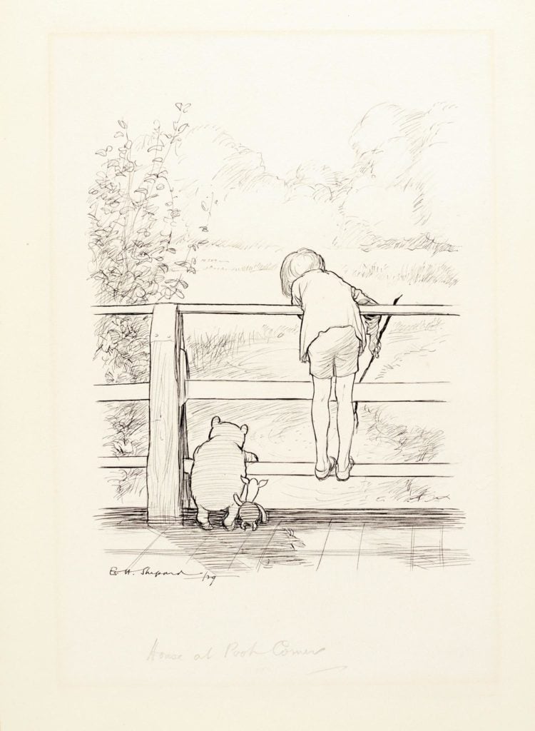 E. H. Shepard, For a long time they looked at the river beneath them from House at Pooh Corner. Courtesy of Sotheby's London.