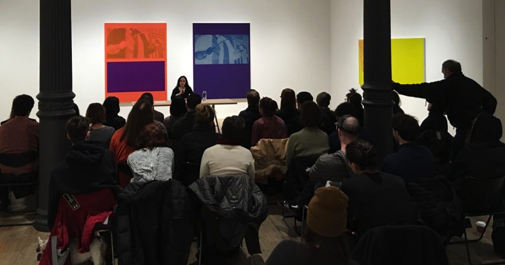 Artist Molly Crabapple reading Fuck Theory’s <i>Lecture for the End of the World (Lecture 6, Series 1)</i> at Postmasters on February 12, 2017. Image courtesy of Postmasters.