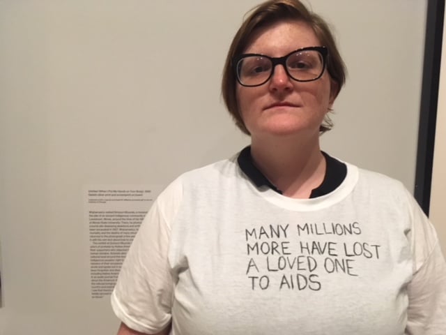 A protester from the AIDS Coalition to Unleash Power, or ACT UP, at the Whitney Museum of American Art exhibition "David Wojnarowicz: History Keeps Me Awake at Night." Photo courtesy of Alan Timothy Lunceford-Stevens.
