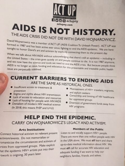 The AIDS Coalition to Unleash Power, or ACT UP, is protesting the current Whitney Museum of American Art exhibition "David Wojnarowicz: History Keeps Me Awake at Night," as they feel the show casts the AIDS epidemic in a historic light. Photo courtesy of Alan Timothy Lunceford-Stevens.