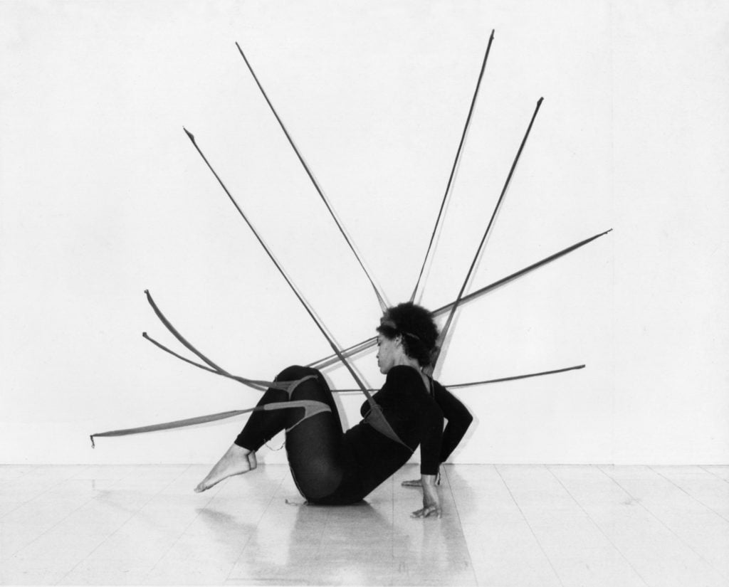 Senga Nengudi. Performance Piece (1978). Black and white photographs. Photographer: Harmon Outlaw. Courtesy of Lévy Gorvy Gallery, New York and Thomas Erben Gallery, New York.