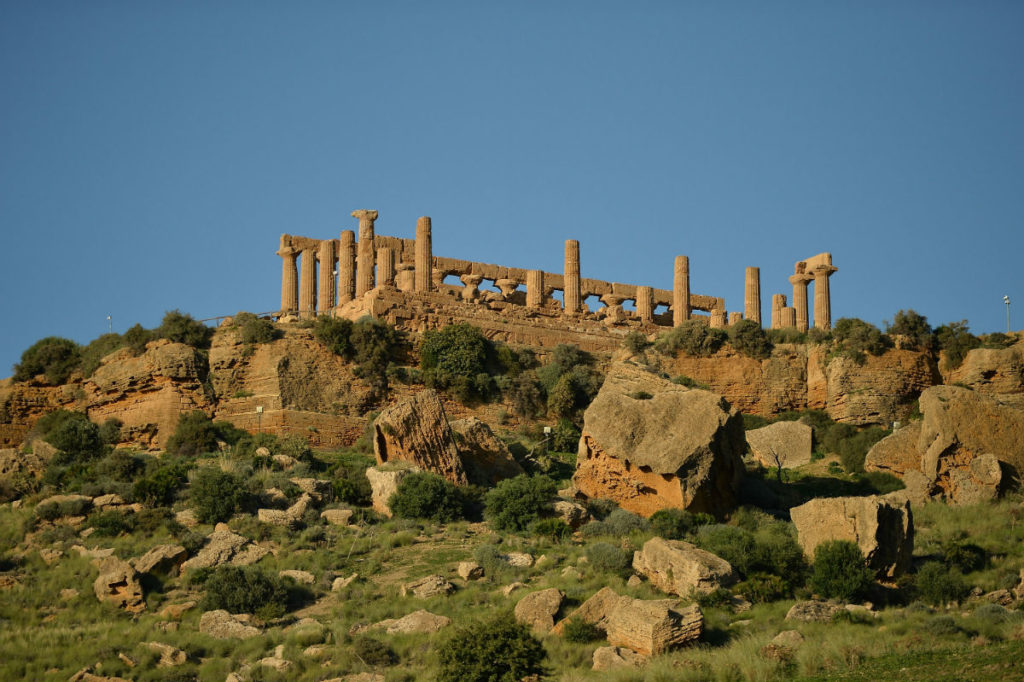 A general view of Temple of Juno in the Valle dei Templi Park of Agrigento on October 20, 2013 in Agrigento, Italy. Tomorrow a commemoration ceremony will be held for the victims of the boat sinking disaster which killed more than 300 asylum seekers when the boat they were on sank off the Lampedusa coast in San Leone near Agrigento. Photo by Tullio M. Puglia/Getty Images.