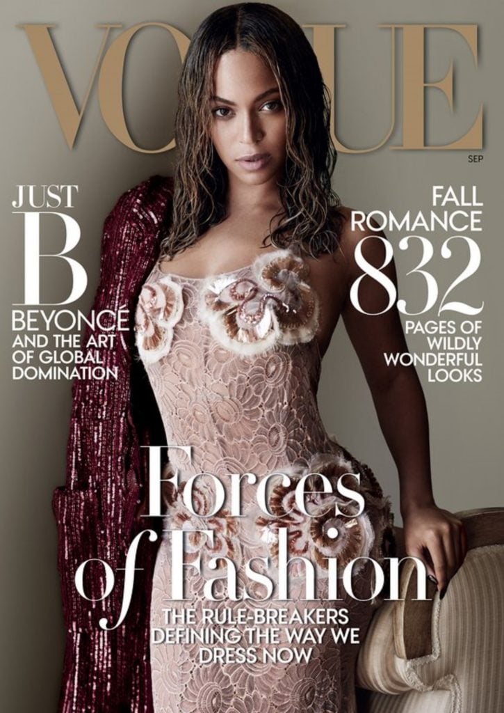 Beyoncé last appeared on the cover Vogue in the September 2015 issue, shot by Mario Testino. Photo courtesy of Condé Nast.